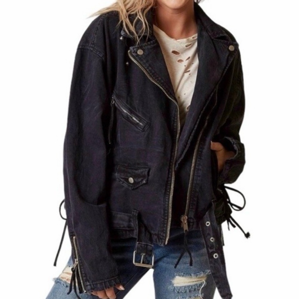 Free People Black Moto Denim Rebel Baddie Jacket Rockstar GF Size XS